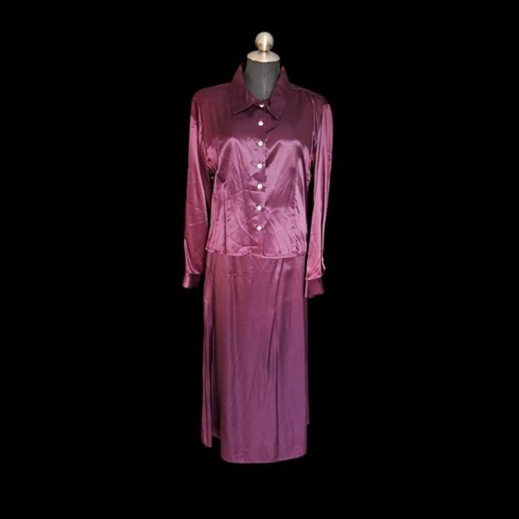 Vintage Satin 3 Piece Pant Suit & Skirt Set Plum Purple - Picture 1 of 15
